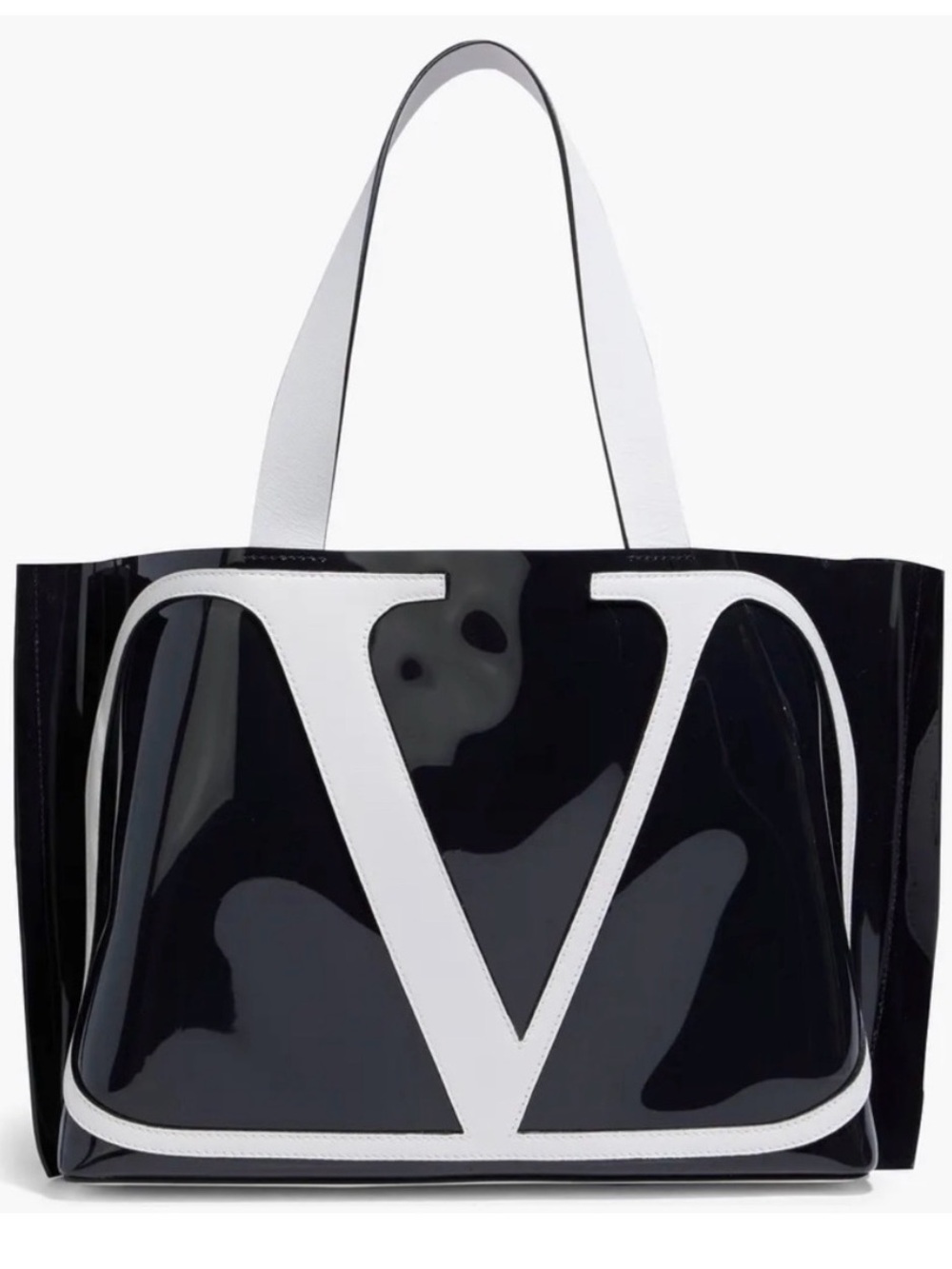 Valentino Garavani Escape Large Black and White Patent V-Logo Tote